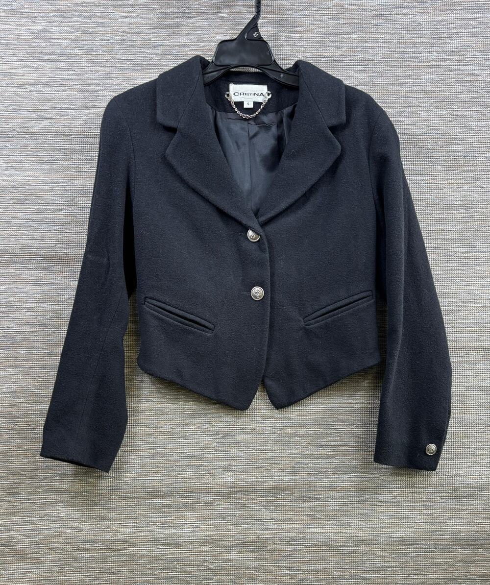 Cristina Blazer Jacket Womens Size S Black Wool Blend Cropped Lined Made USA